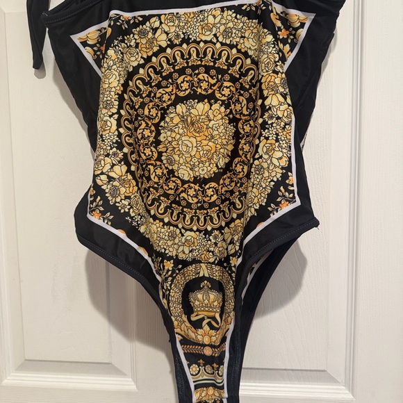 Black and Gold Baroque-Print One-Piece Swimsuit with Tie Straps - Picture 9 of 14